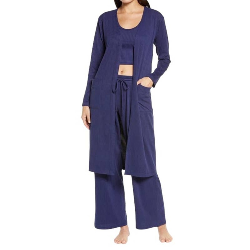 Socialite Long Rib Knit Open Front Cardigan In Navy Nordstrom Pockets